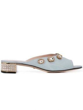 Gucci Light Blue Jeweled Slide Mules with Crystal-Embellished Heel 37 1/2